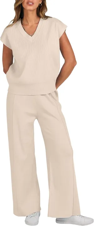 Caracilia Women's Summer 2 Piece Sweater Vest Sets Knit Top & Wide Leg Pants Lounge Matching Set 2025 Spring Airport Outfits