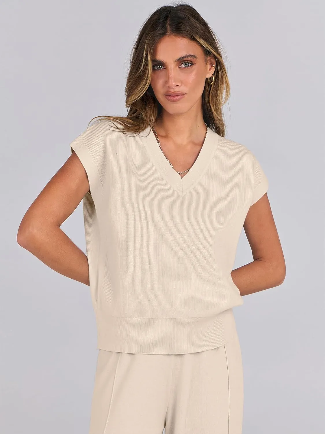 Caracilia Women's Summer 2 Piece Sweater Vest Sets Knit Top & Wide Leg Pants Lounge Matching Set 2025 Spring Airport Outfits