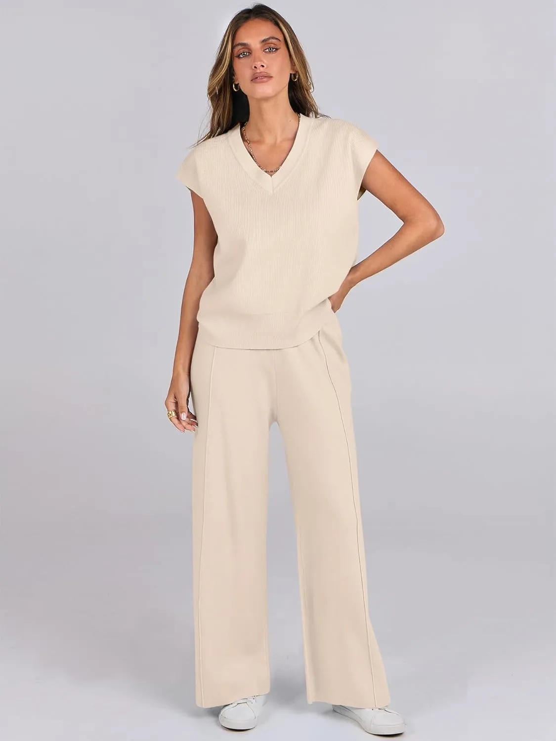 Caracilia Women's Summer 2 Piece Sweater Vest Sets Knit Top & Wide Leg Pants Lounge Matching Set 2025 Spring Airport Outfits