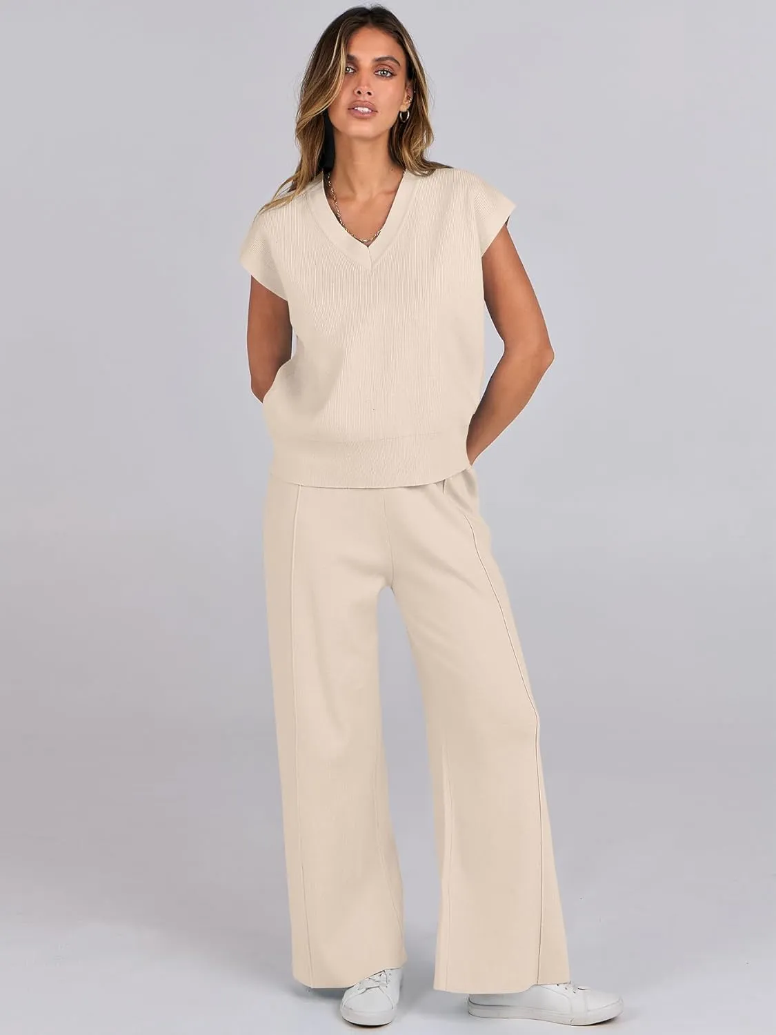 Caracilia Women's Summer 2 Piece Sweater Vest Sets Knit Top & Wide Leg Pants Lounge Matching Set 2025 Spring Airport Outfits