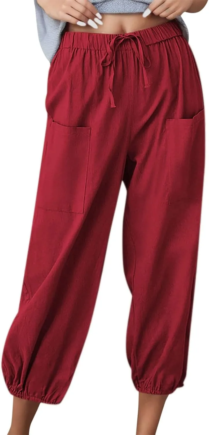 Casual Pants for Women High Waist Wide Leg Trousers Nine Tenths Length Lightweight Linen Blend Elastic Waist