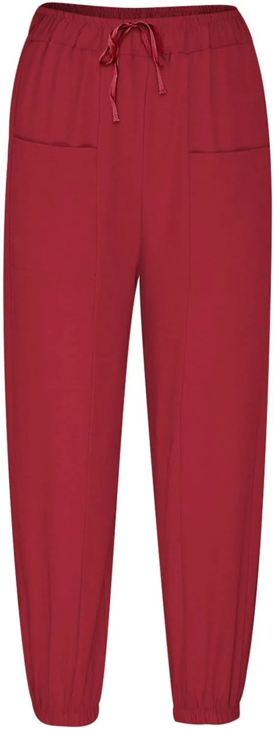 Casual Pants for Women High Waist Wide Leg Trousers Nine Tenths Length Lightweight Linen Blend Elastic Waist