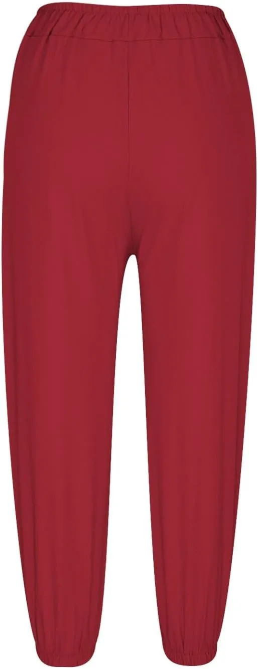 Casual Pants for Women High Waist Wide Leg Trousers Nine Tenths Length Lightweight Linen Blend Elastic Waist