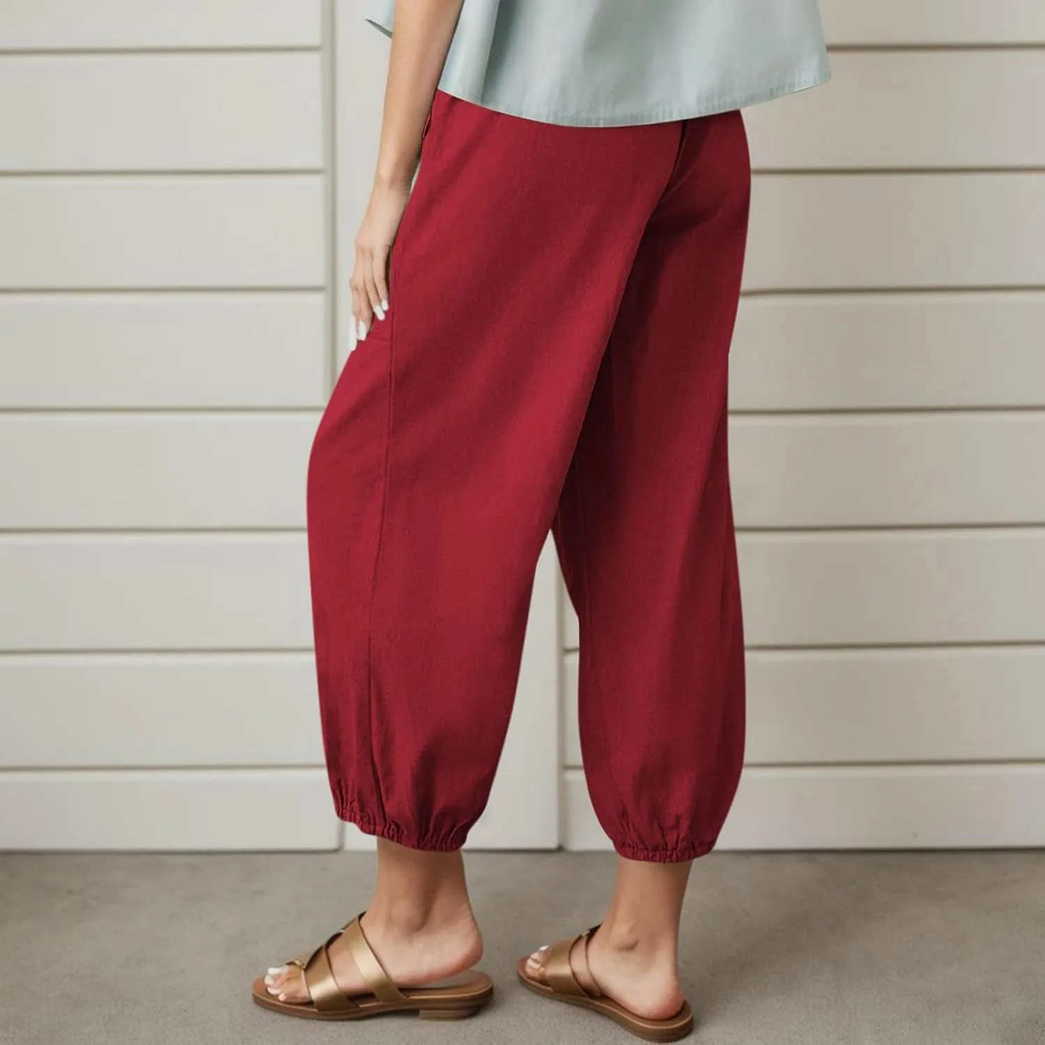 Casual Pants for Women High Waist Wide Leg Trousers Nine Tenths Length Lightweight Linen Blend Elastic Waist