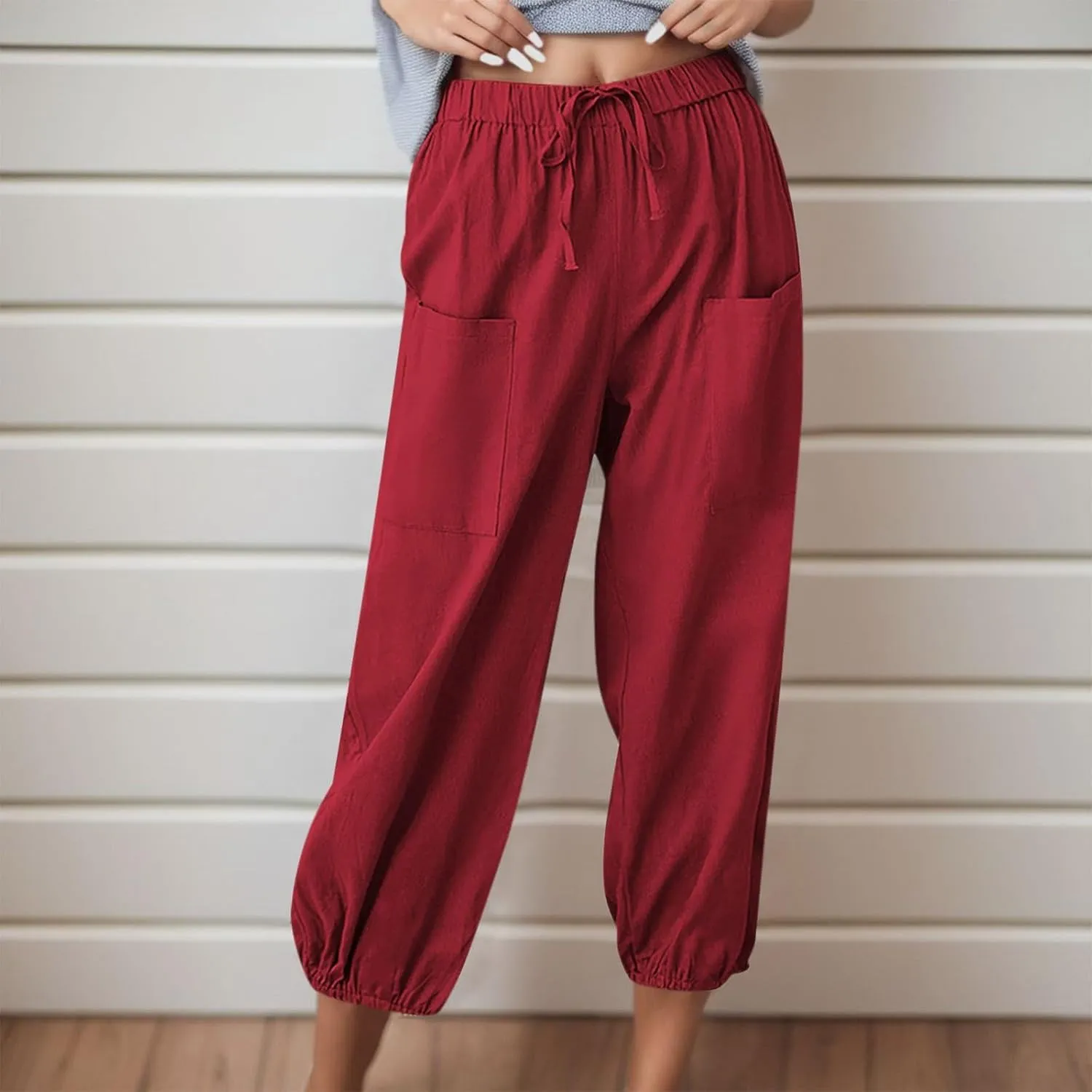 Casual Pants for Women High Waist Wide Leg Trousers Nine Tenths Length Lightweight Linen Blend Elastic Waist