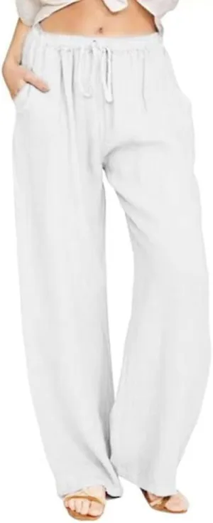 chouyatou Women's Summer Loose Drawstring Waist Beach Linen Wide Leg Pants Palazzo