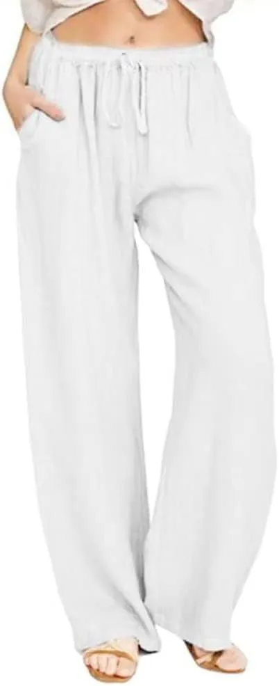 chouyatou Women's Summer Loose Drawstring Waist Beach Linen Wide Leg Pants Palazzo