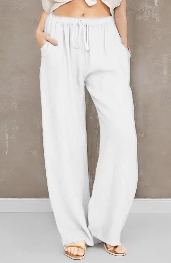 chouyatou Women's Summer Loose Drawstring Waist Beach Linen Wide Leg Pants Palazzo