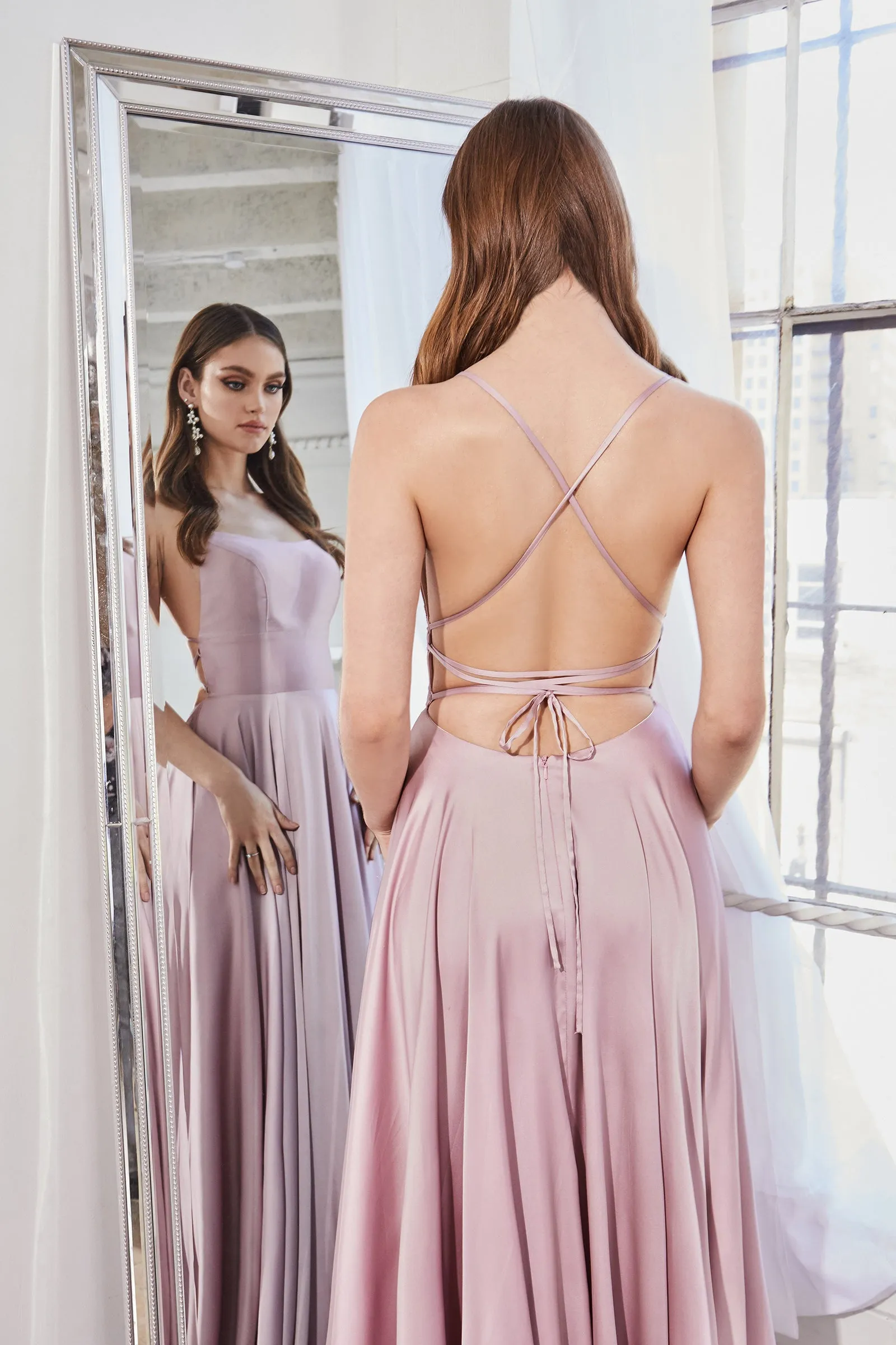CINDERELLA DIVINE CJ527 A-Line Satin Gown with Slit