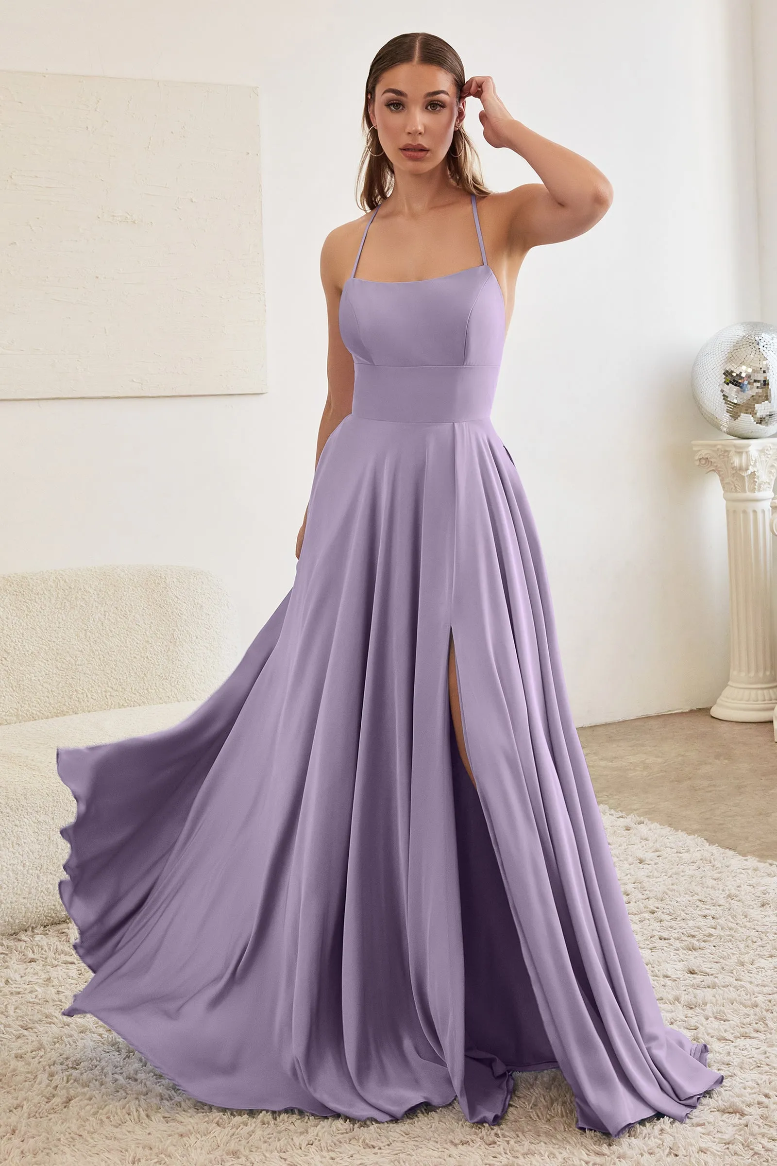 CINDERELLA DIVINE CJ527 A-Line Satin Gown with Slit