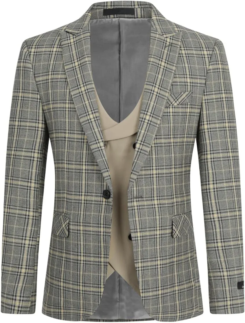 Cloudstyle Mens 3 Piece Slim fit Checked Suit Blue/Black Single Breasted Vintage Suits
