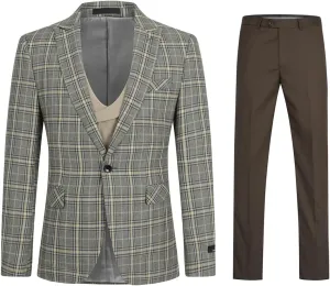 Cloudstyle Mens 3 Piece Slim fit Checked Suit Blue/Black Single Breasted Vintage Suits