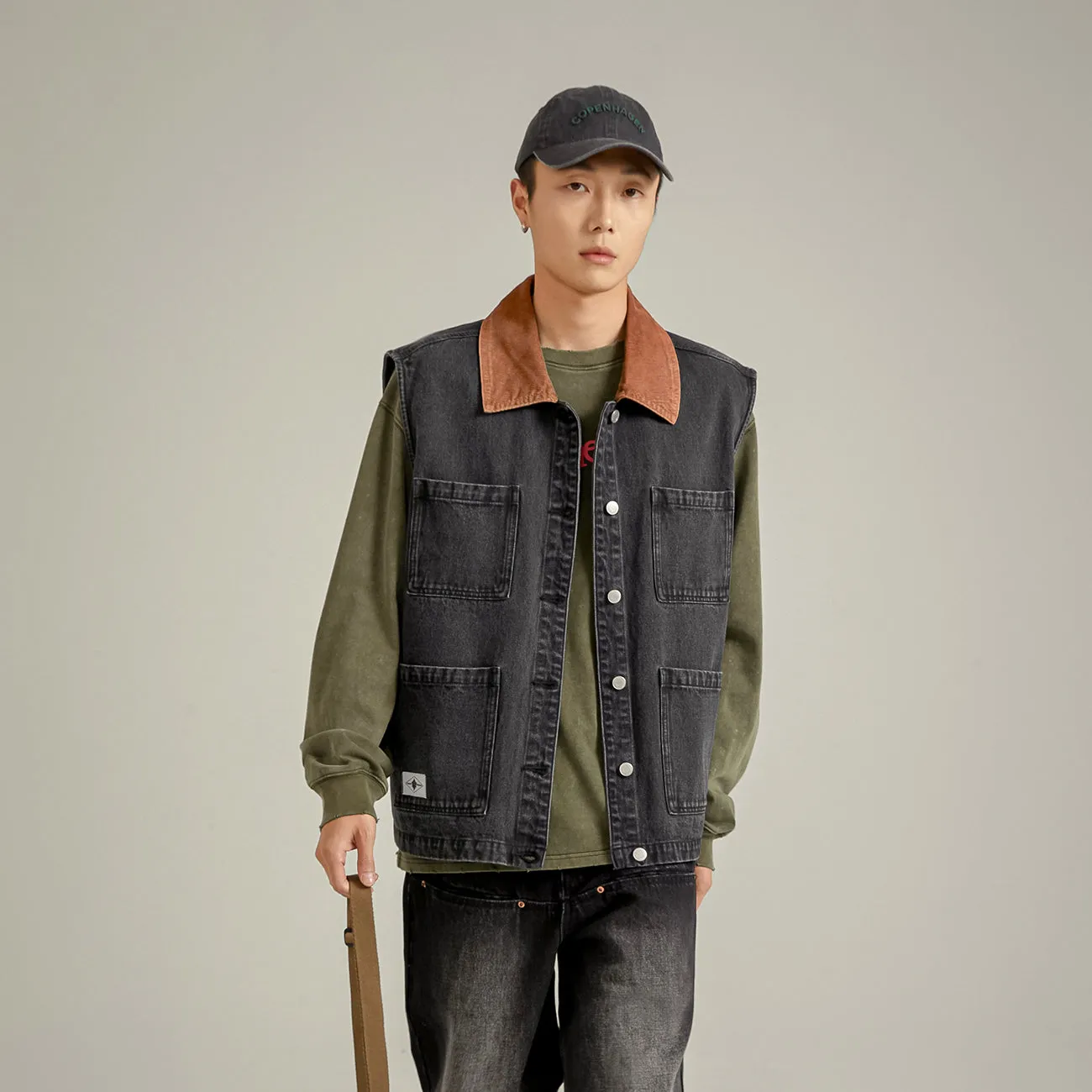Color Matching Collar Denim Vest
