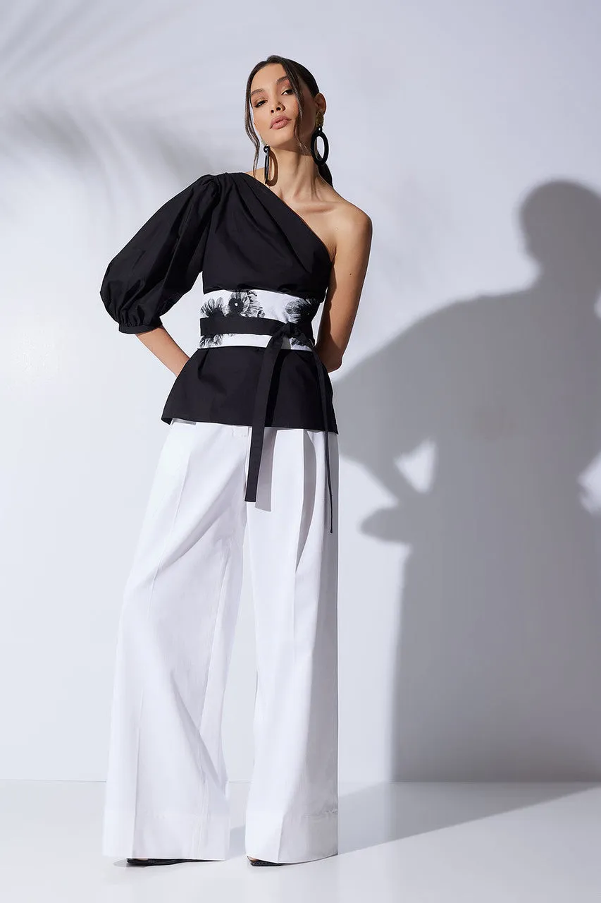 Cotton Poplin Balloon One Shoulder Top