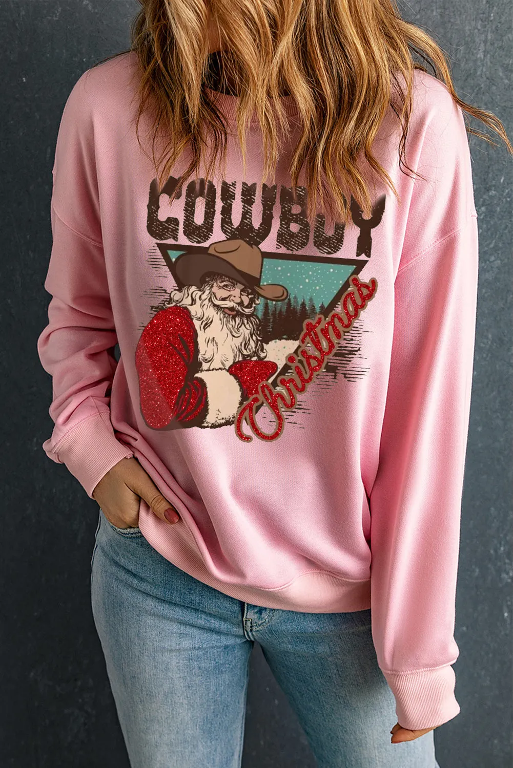 Cowboy Boy Printed Solid Color Crew Neck Pullover Sweatshirt