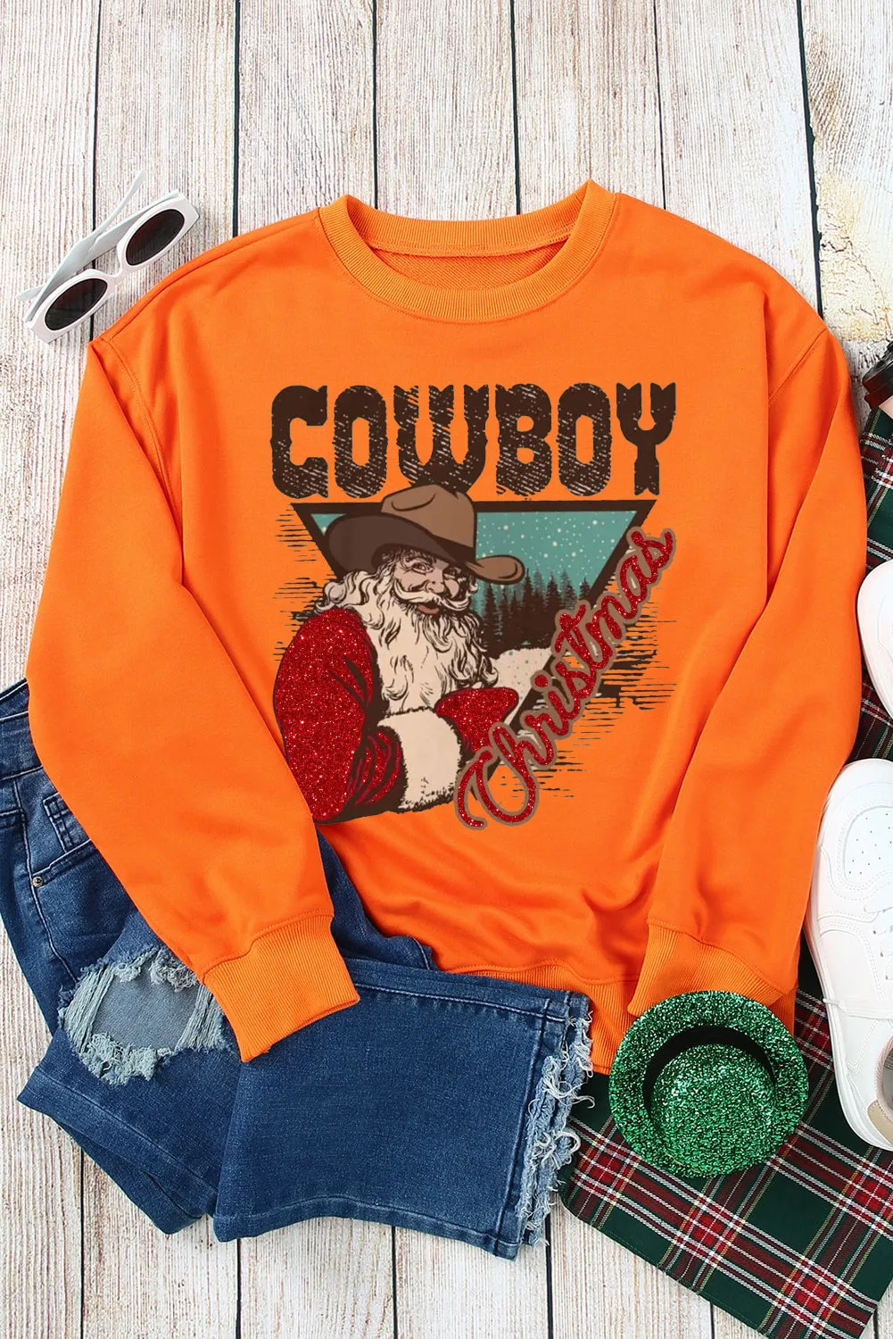 Cowboy Boy Printed Solid Color Crew Neck Pullover Sweatshirt