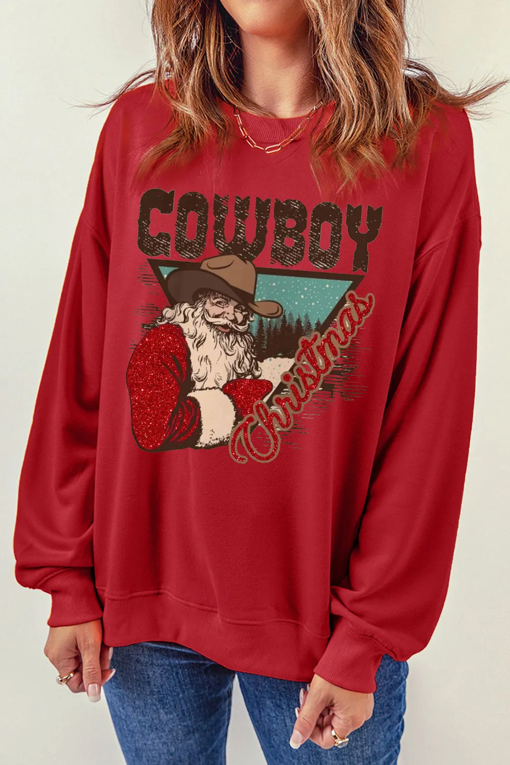 Cowboy Boy Printed Solid Color Crew Neck Pullover Sweatshirt