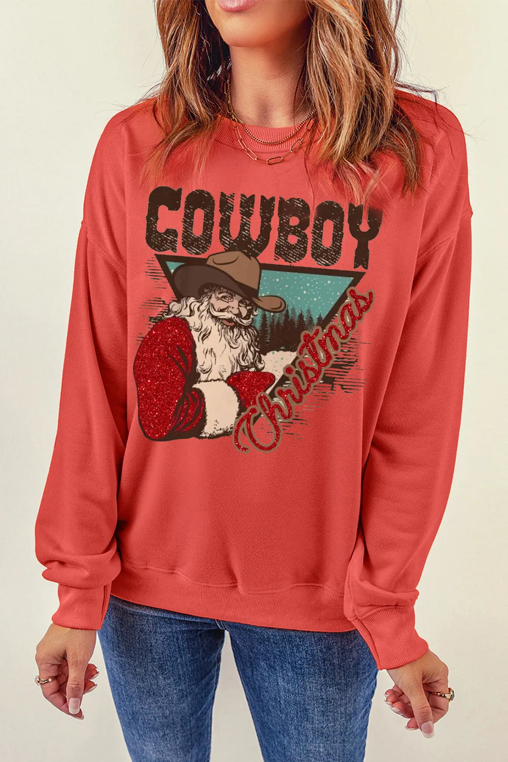 Cowboy Boy Printed Solid Color Crew Neck Pullover Sweatshirt