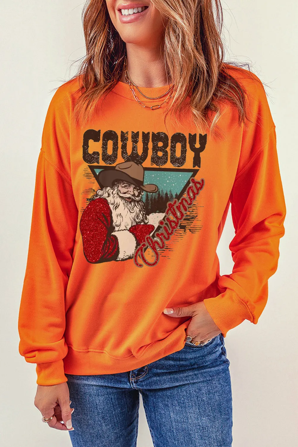 Cowboy Boy Printed Solid Color Crew Neck Pullover Sweatshirt