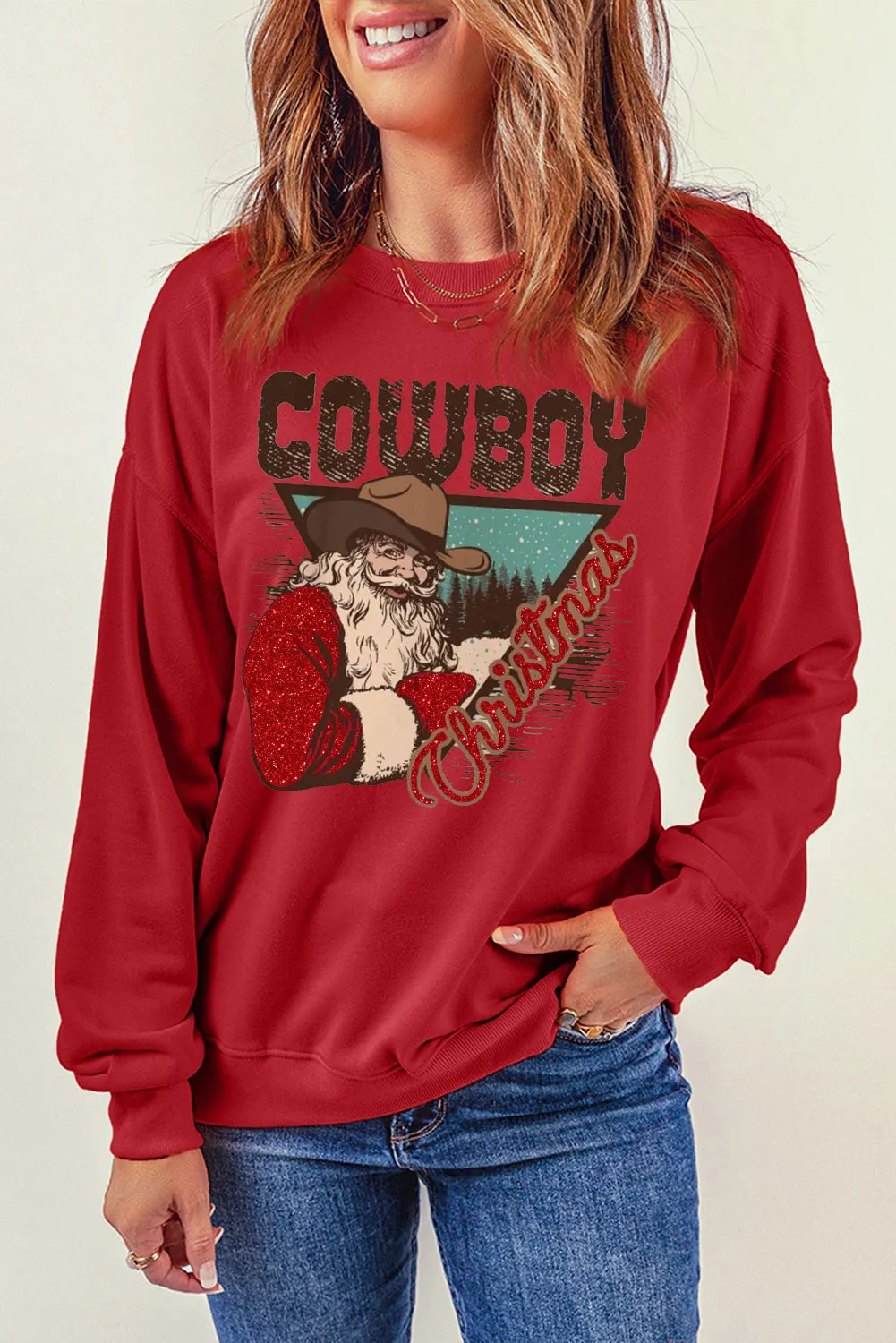 Cowboy Boy Printed Solid Color Crew Neck Pullover Sweatshirt