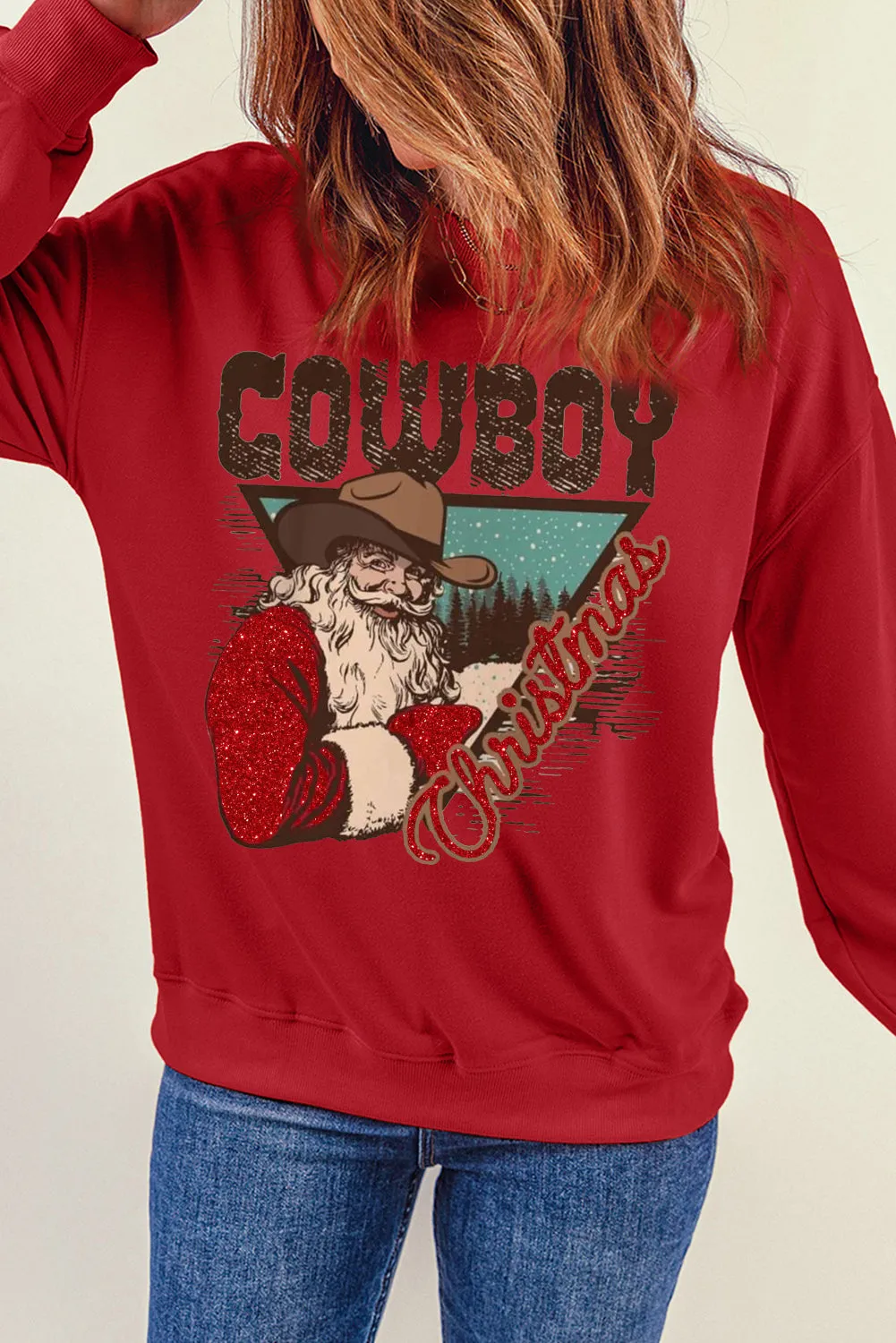 Cowboy Boy Printed Solid Color Crew Neck Pullover Sweatshirt