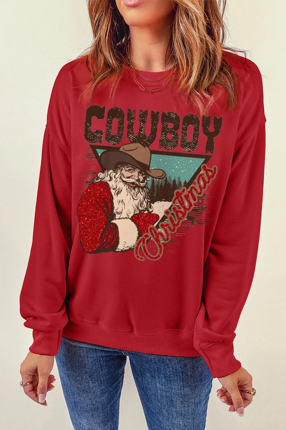 Cowboy Boy Printed Solid Color Crew Neck Pullover Sweatshirt
