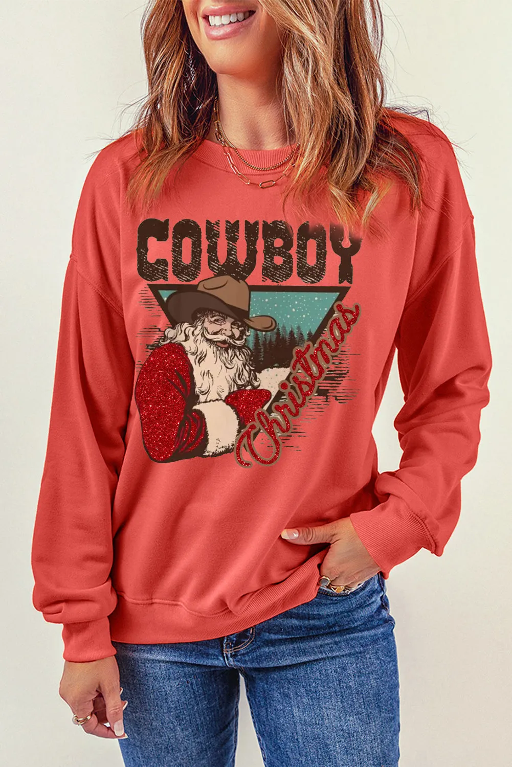 Cowboy Boy Printed Solid Color Crew Neck Pullover Sweatshirt