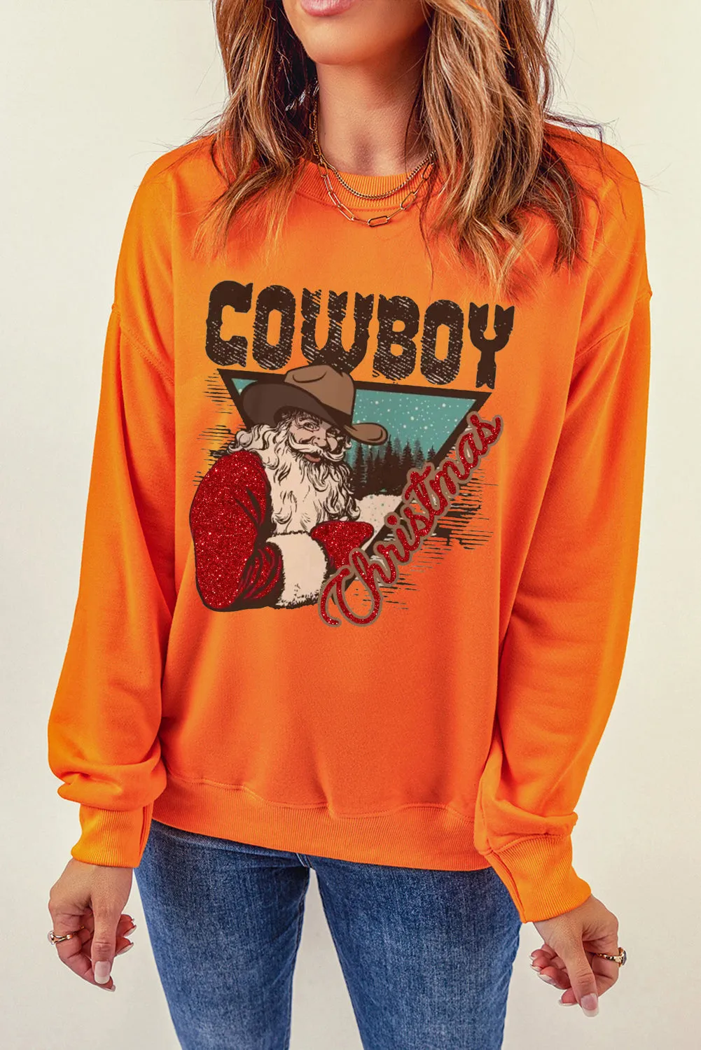 Cowboy Boy Printed Solid Color Crew Neck Pullover Sweatshirt