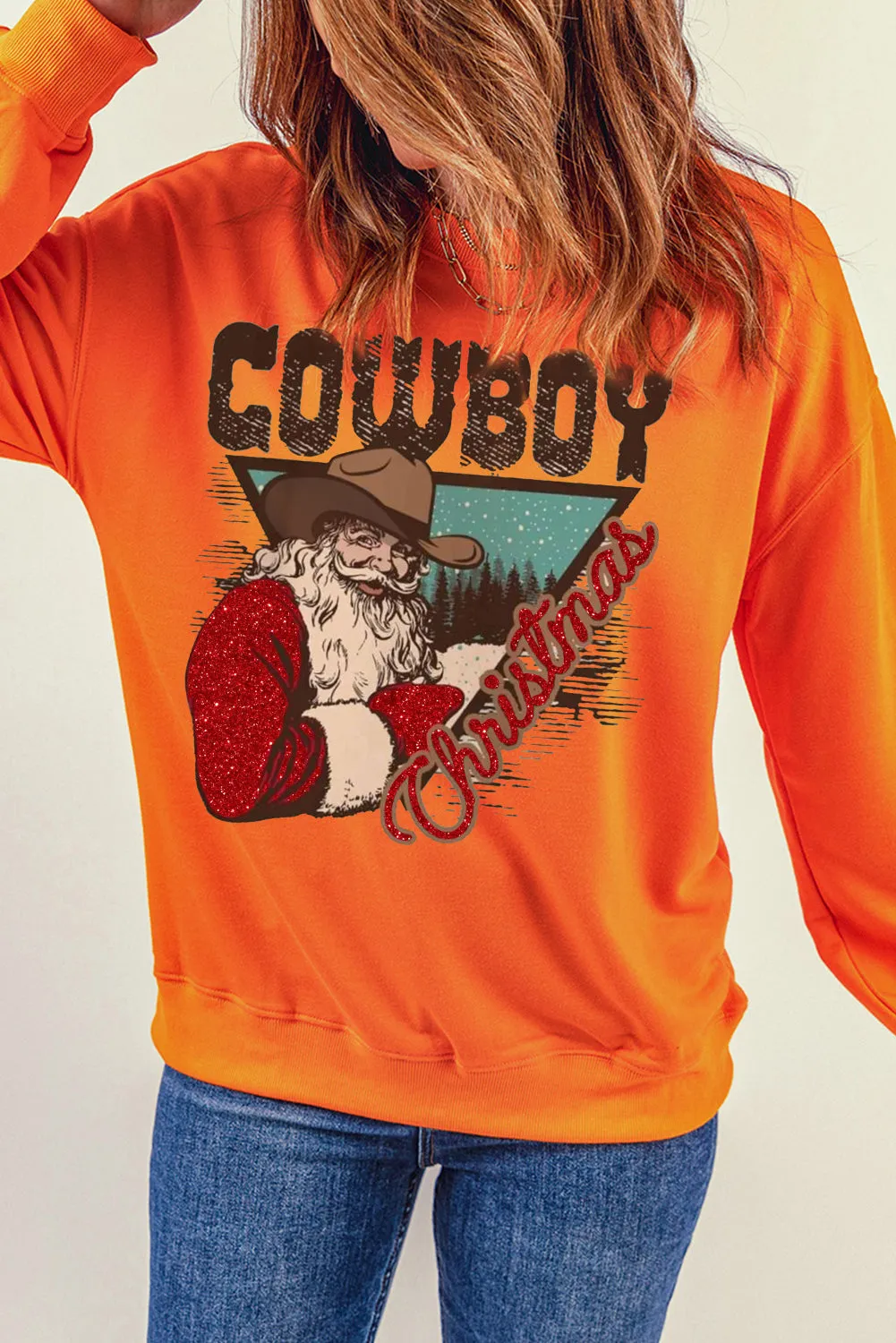 Cowboy Boy Printed Solid Color Crew Neck Pullover Sweatshirt