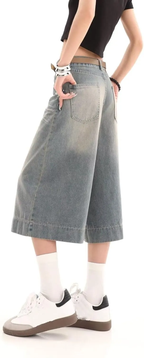 Cropped Jeans for Women Men High Waist Wide Leg Baggy Jorts Y2K Casual Denim Capris Pants Grunge Summer Clothes.