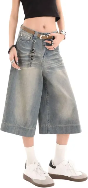 Cropped Jeans for Women Men High Waist Wide Leg Baggy Jorts Y2K Casual Denim Capris Pants Grunge Summer Clothes.
