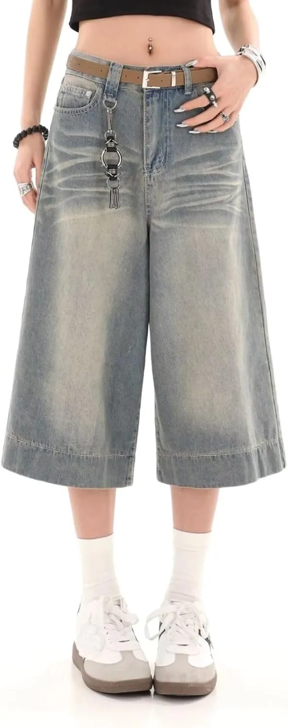 Cropped Jeans for Women Men High Waist Wide Leg Baggy Jorts Y2K Casual Denim Capris Pants Grunge Summer Clothes.