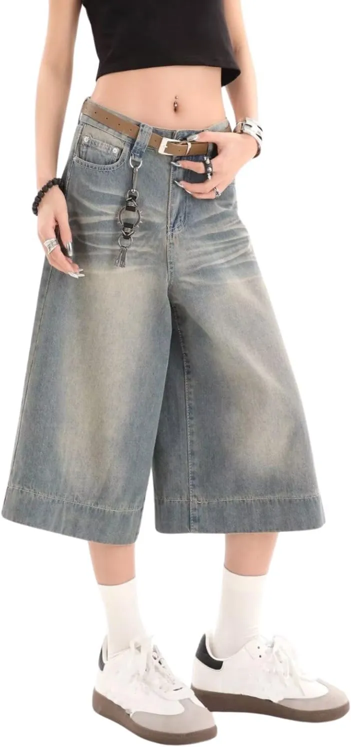 Cropped Jeans for Women Men High Waist Wide Leg Baggy Jorts Y2K Casual Denim Capris Pants Grunge Summer Clothes.