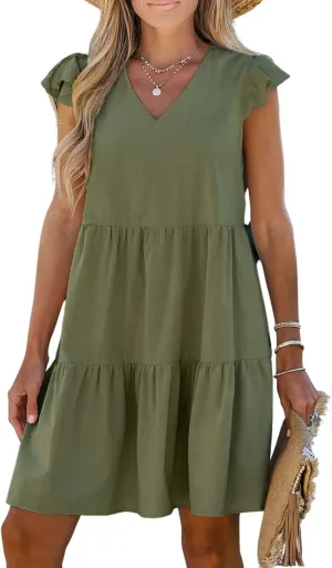 CUPSHE Women Crew Neck Cap Sleeve Ruffle Mini Babydoll Dress Back to School Cute Dresses
