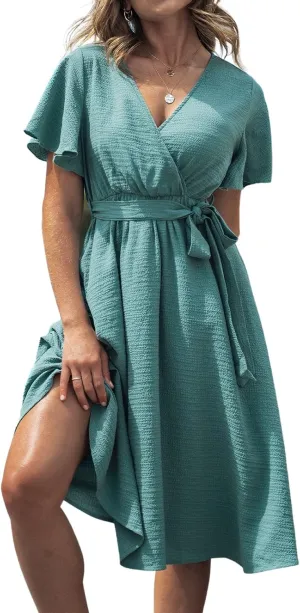 CUPSHE Women's V Neck Belted Flare Sleeve Midi Dress Short Sleeves Wrap A Line Dress