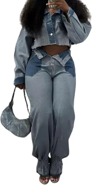 Ecirod Womens Fall Color Block Two Piece Denim Sets Long Sleeve Button Down Cropped Jacket Wide Leg Jeans Pants