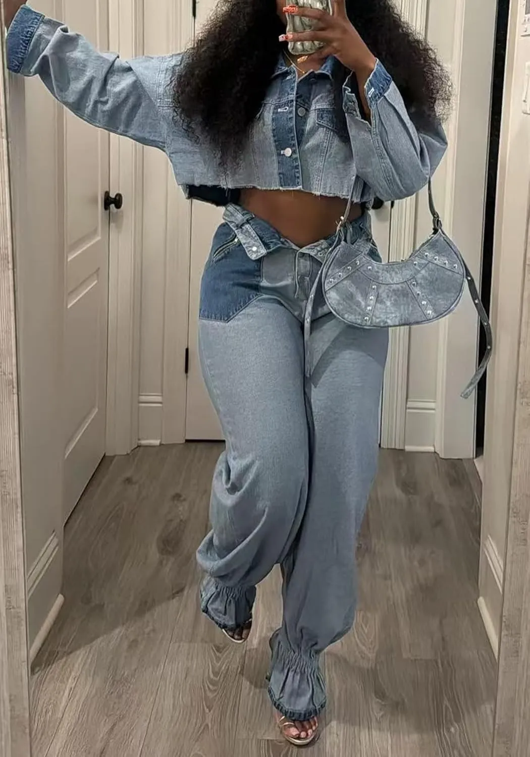 Ecirod Womens Fall Color Block Two Piece Denim Sets Long Sleeve Button Down Cropped Jacket Wide Leg Jeans Pants