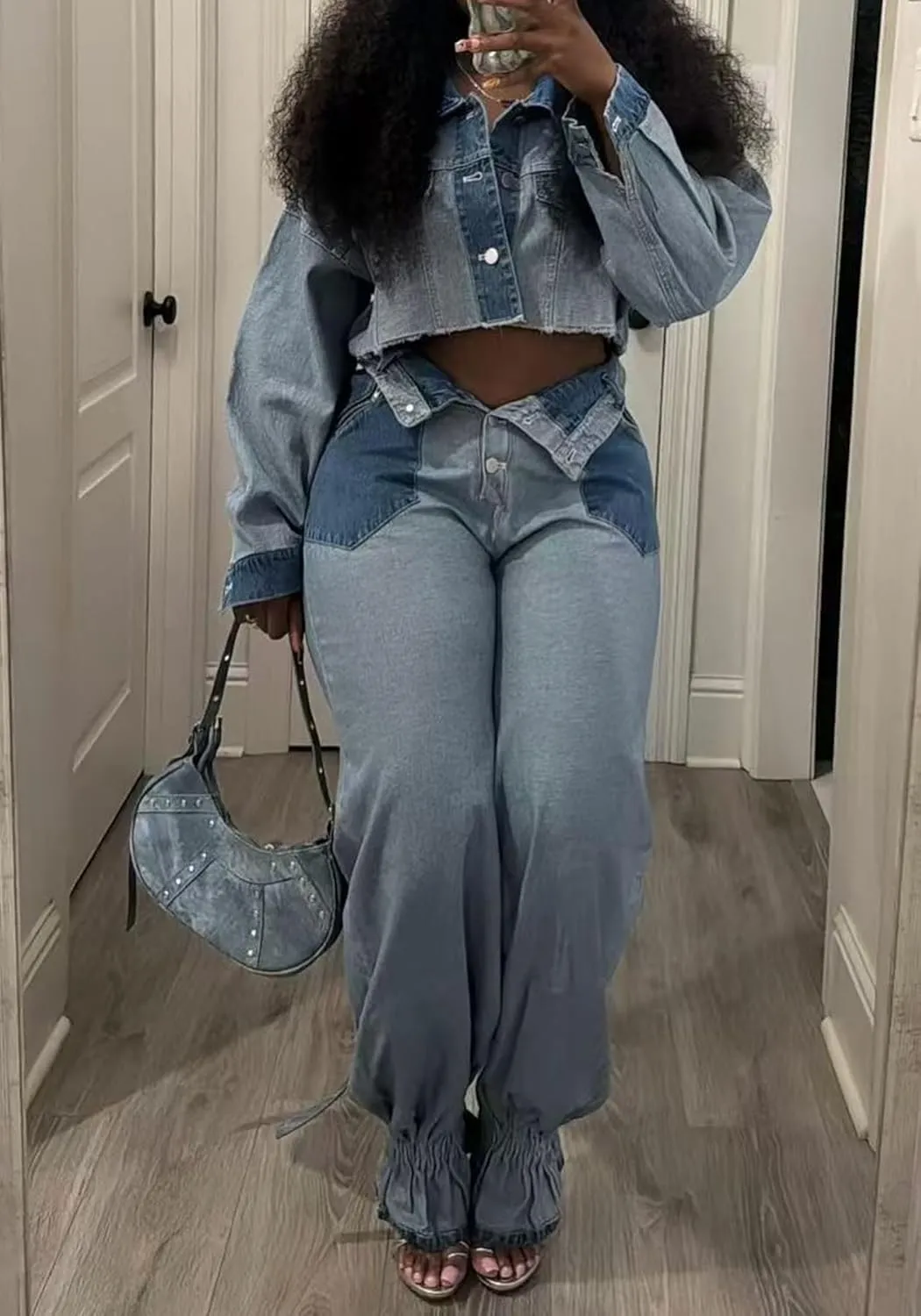 Ecirod Womens Fall Color Block Two Piece Denim Sets Long Sleeve Button Down Cropped Jacket Wide Leg Jeans Pants