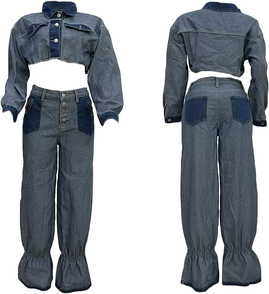 Ecirod Womens Fall Color Block Two Piece Denim Sets Long Sleeve Button Down Cropped Jacket Wide Leg Jeans Pants