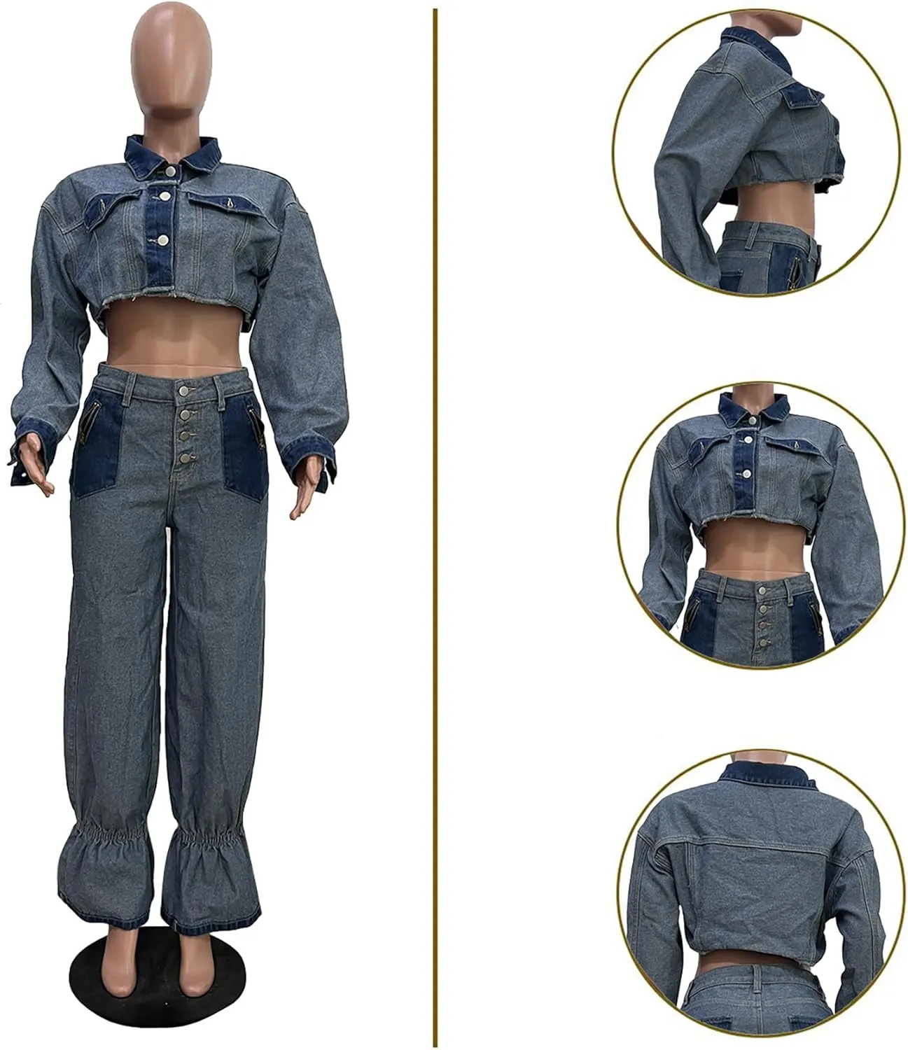 Ecirod Womens Fall Color Block Two Piece Denim Sets Long Sleeve Button Down Cropped Jacket Wide Leg Jeans Pants