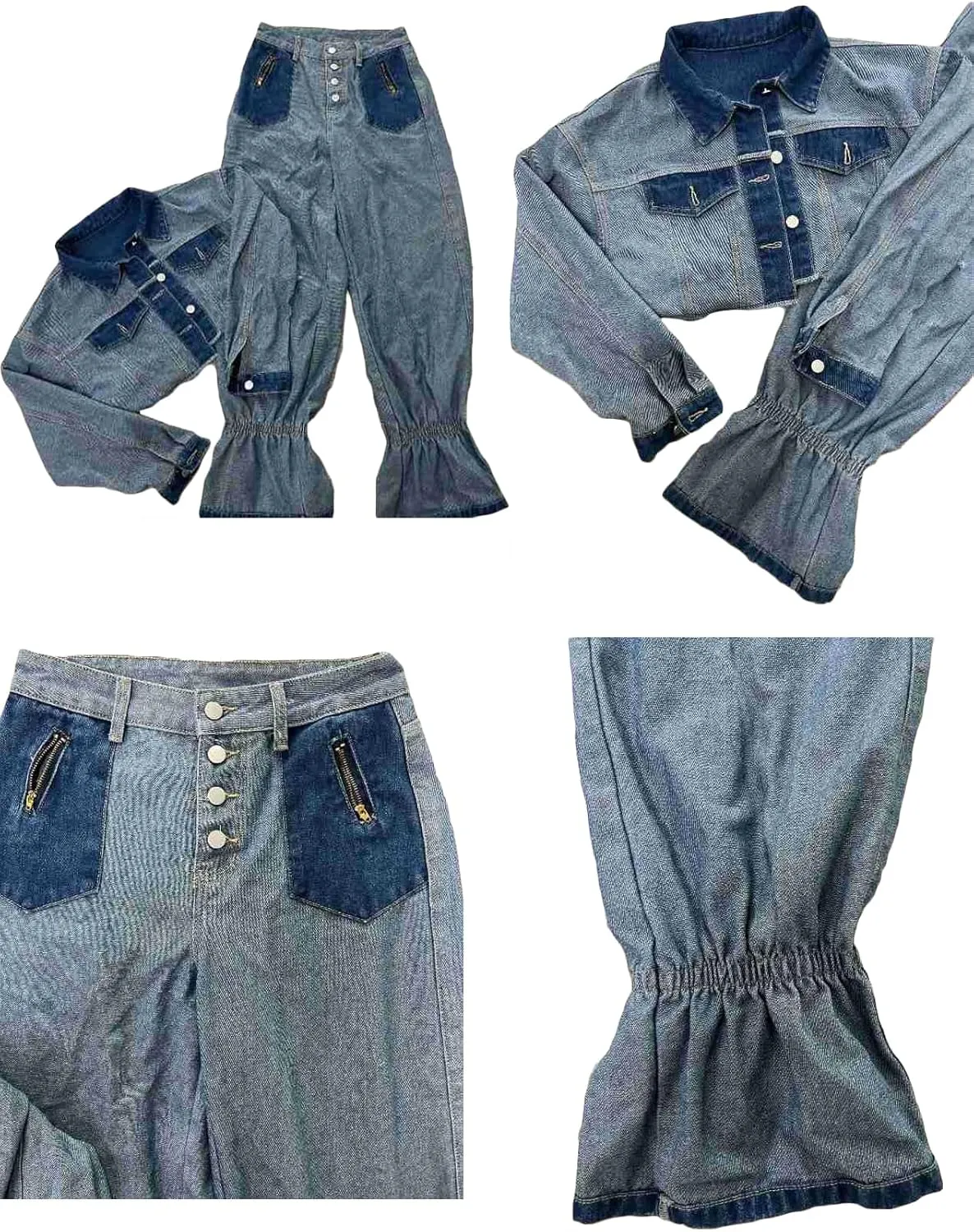 Ecirod Womens Fall Color Block Two Piece Denim Sets Long Sleeve Button Down Cropped Jacket Wide Leg Jeans Pants