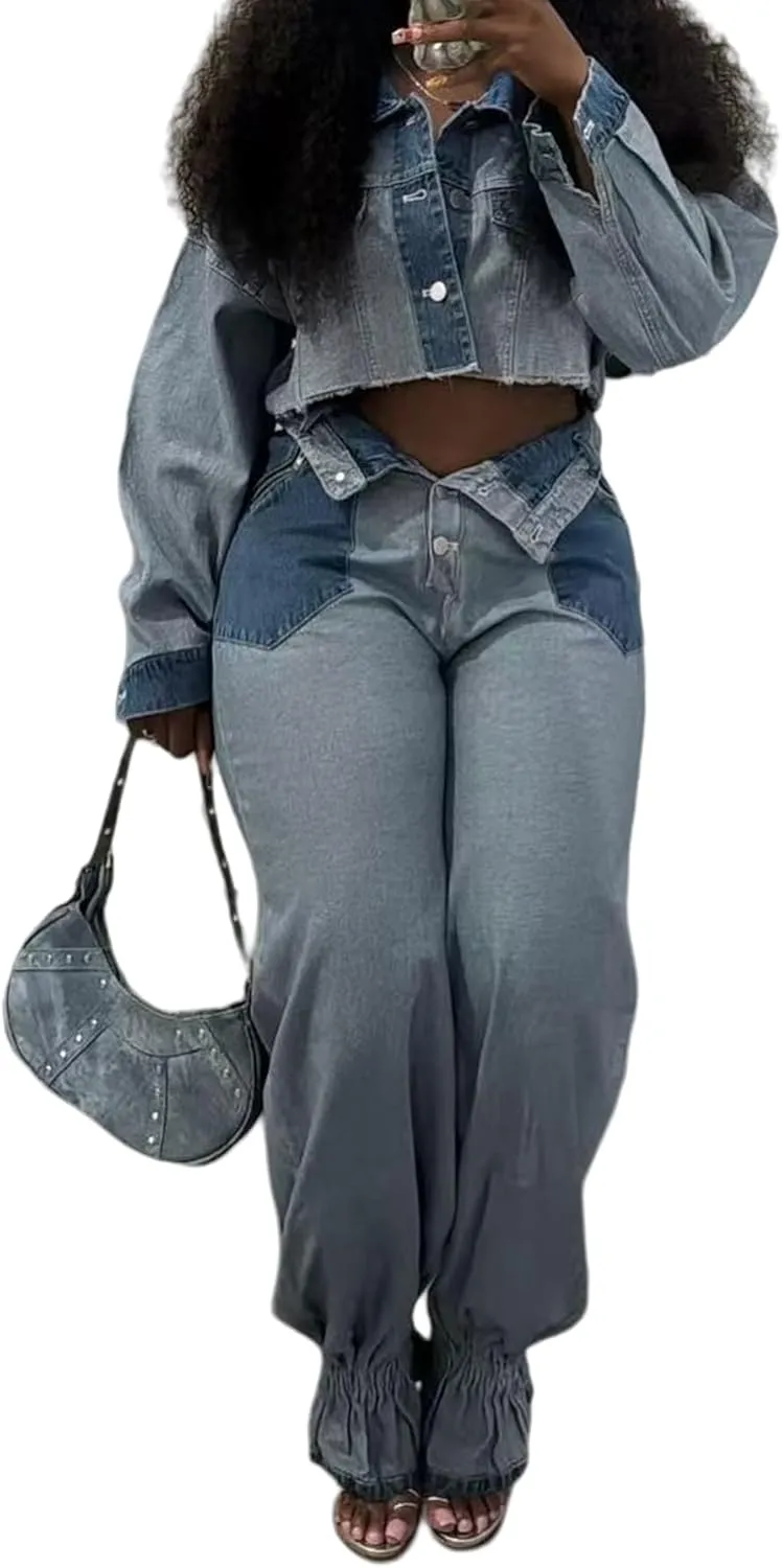 Ecirod Womens Fall Color Block Two Piece Denim Sets Long Sleeve Button Down Cropped Jacket Wide Leg Jeans Pants