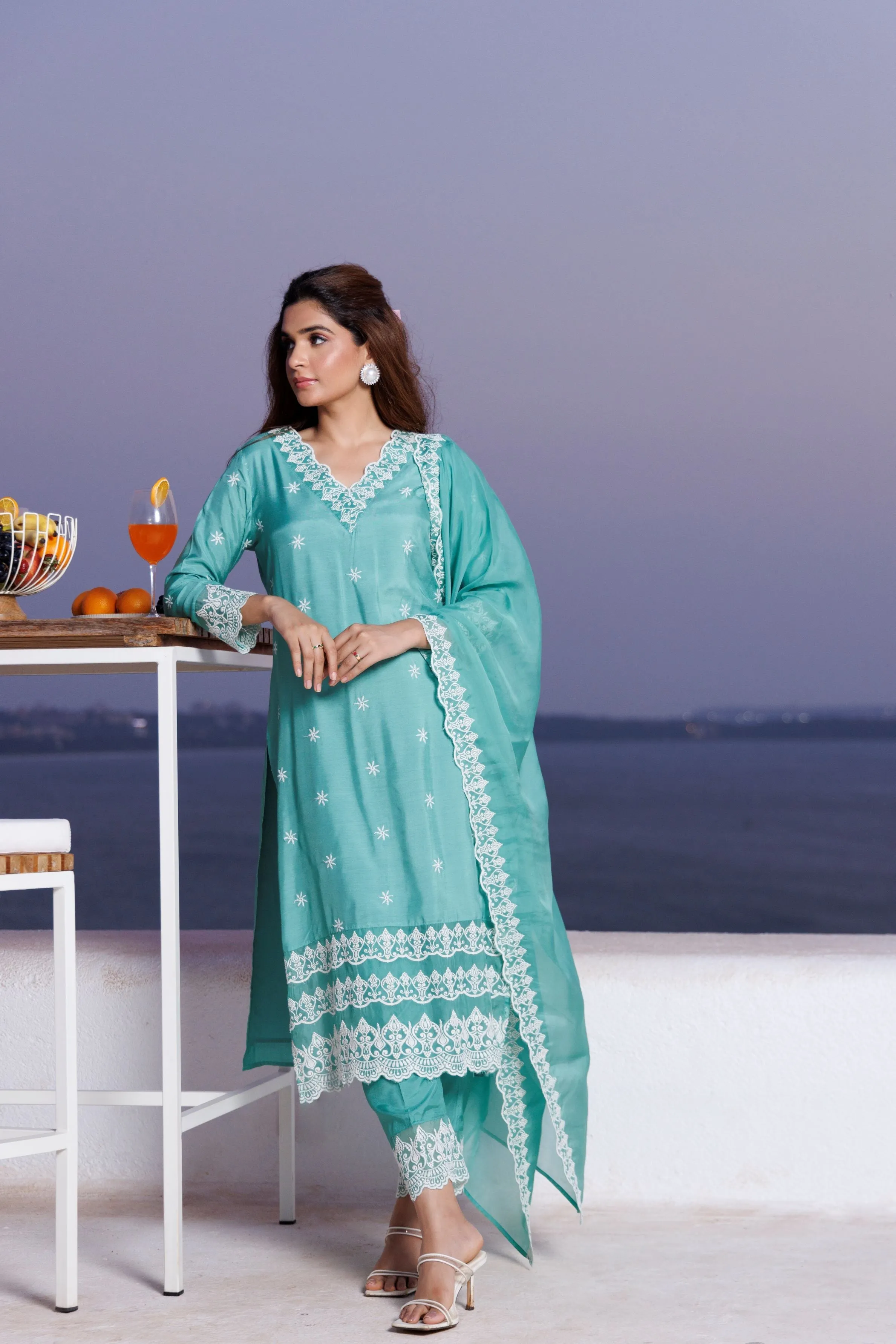 Emerald Green Embroidered Cotton Silk Pants Set