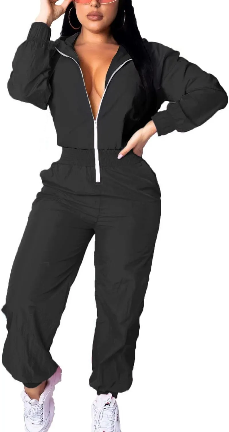 EOSIEDUR Women's Pullover Hoodies Jumpsuit Zipper Jacket Windbreaker Elastic Waistband Pants One Piece Outfits Tracksuit Set