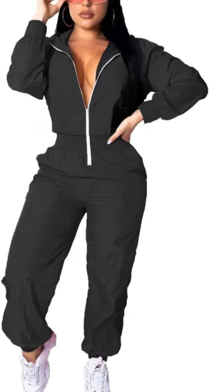EOSIEDUR Women's Pullover Hoodies Jumpsuit Zipper Jacket Windbreaker Elastic Waistband Pants One Piece Outfits Tracksuit Set