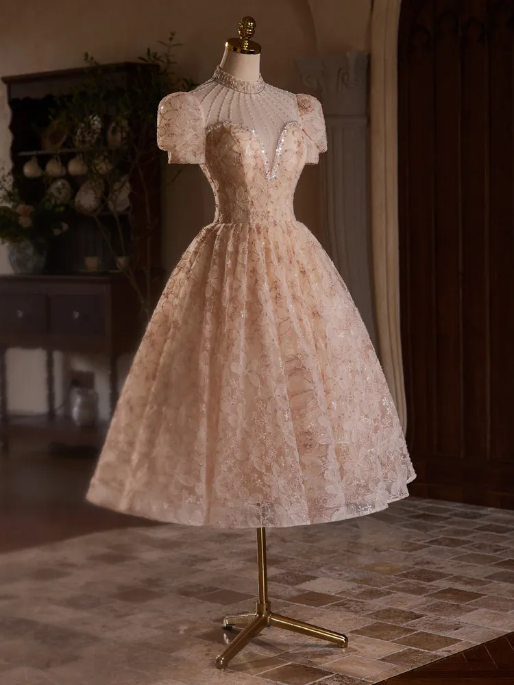 Exquisite Short Sleeves Keyhole Back Tea Length Homecoming Dresses