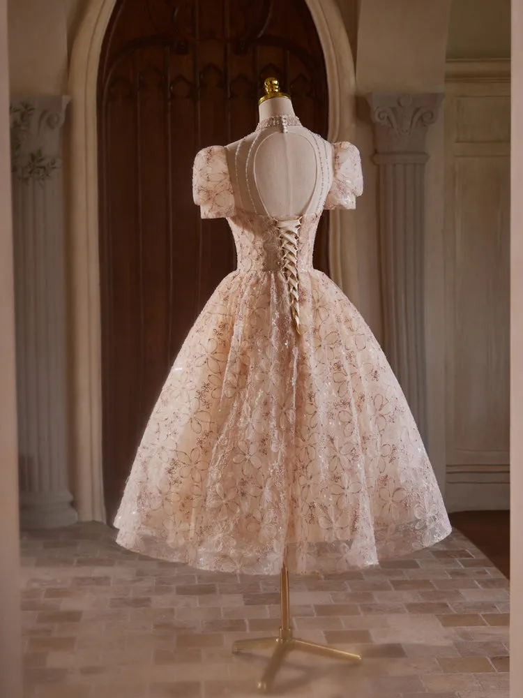 Exquisite Short Sleeves Keyhole Back Tea Length Homecoming Dresses