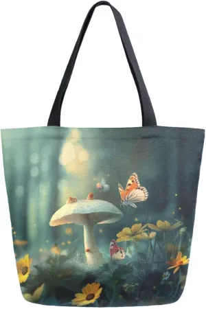 Extra Large Canvas Shoulder Tote Bag, Beautiful Forest Mushroom Butterfly Flowers Durable Daily Womens Handle Bag for Gym Yoga Weekender Picnic Beach Travel Kitchen Reusable Market Grocery Shopping