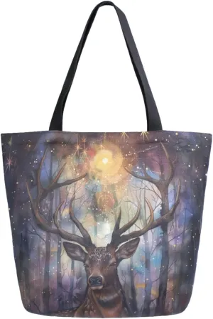 Extra Large Canvas Shoulder Tote Bag, Ethnic Mystic Deer Trees Stars Durable Daily Womens Handle Bag for Gym Yoga Weekender Picnic Beach Travel Kitchen Reusable Market Grocery Shopping