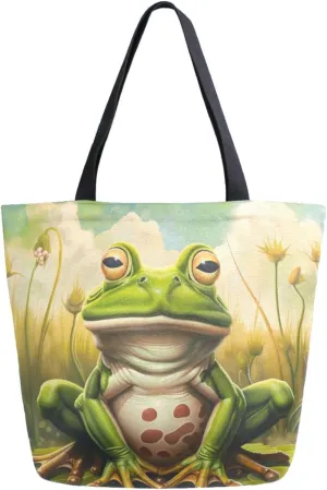 Extra Large Canvas Shoulder Tote Bag, Fairy Tales Funny Frog on Lotus Leaf Durable Daily Womens Handle Bag for Gym Yoga Weekender Picnic Beach Travel Kitchen Reusable Market Grocery Shopping